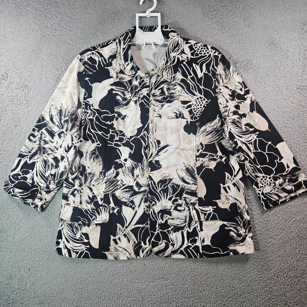 Chico's Open Front Blazer Women Size 3 XL‎ Floral Print Black Beige